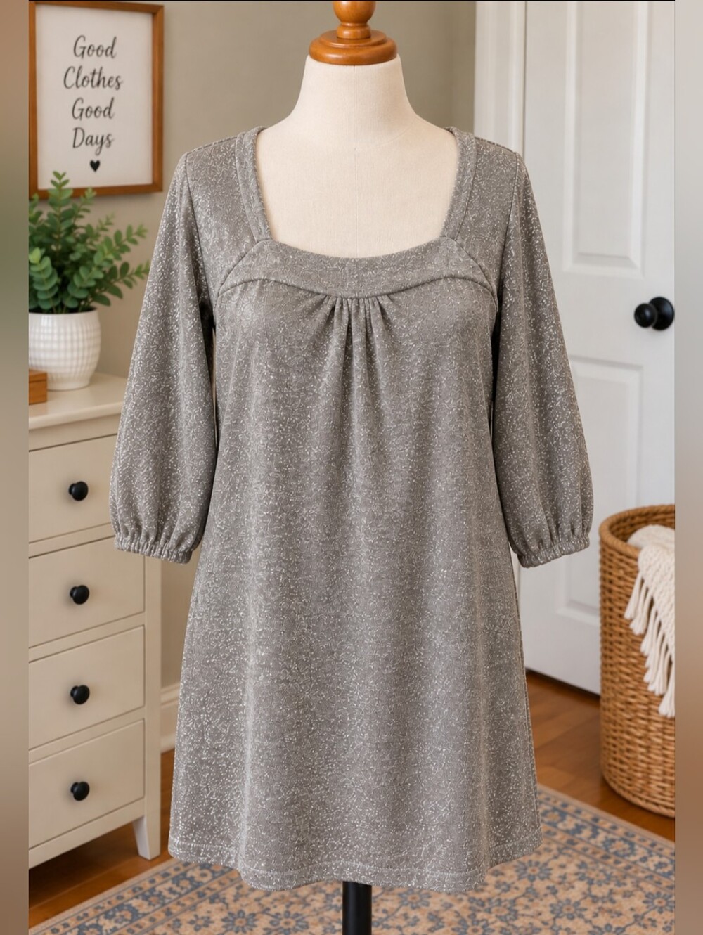 Marks & Spencer Silver Shimmer Dress UK 14 Metallic 3/4 Sleeve